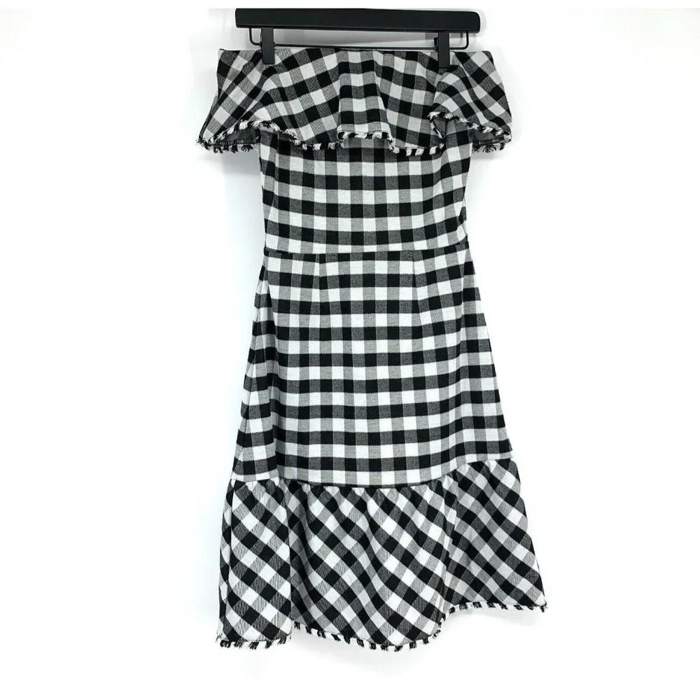 Ann Taylor Dress Gingham Print Off Shoulder Ruffle Black White - Picture 9 of 12